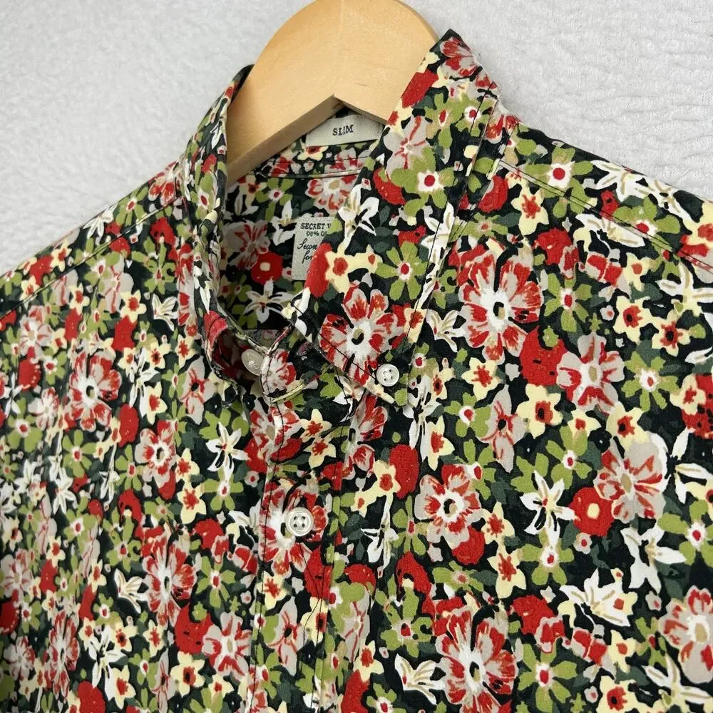 J.CREW Shirt Mens S Slim Stretch Secret Wash Floral Organic Cotton Green